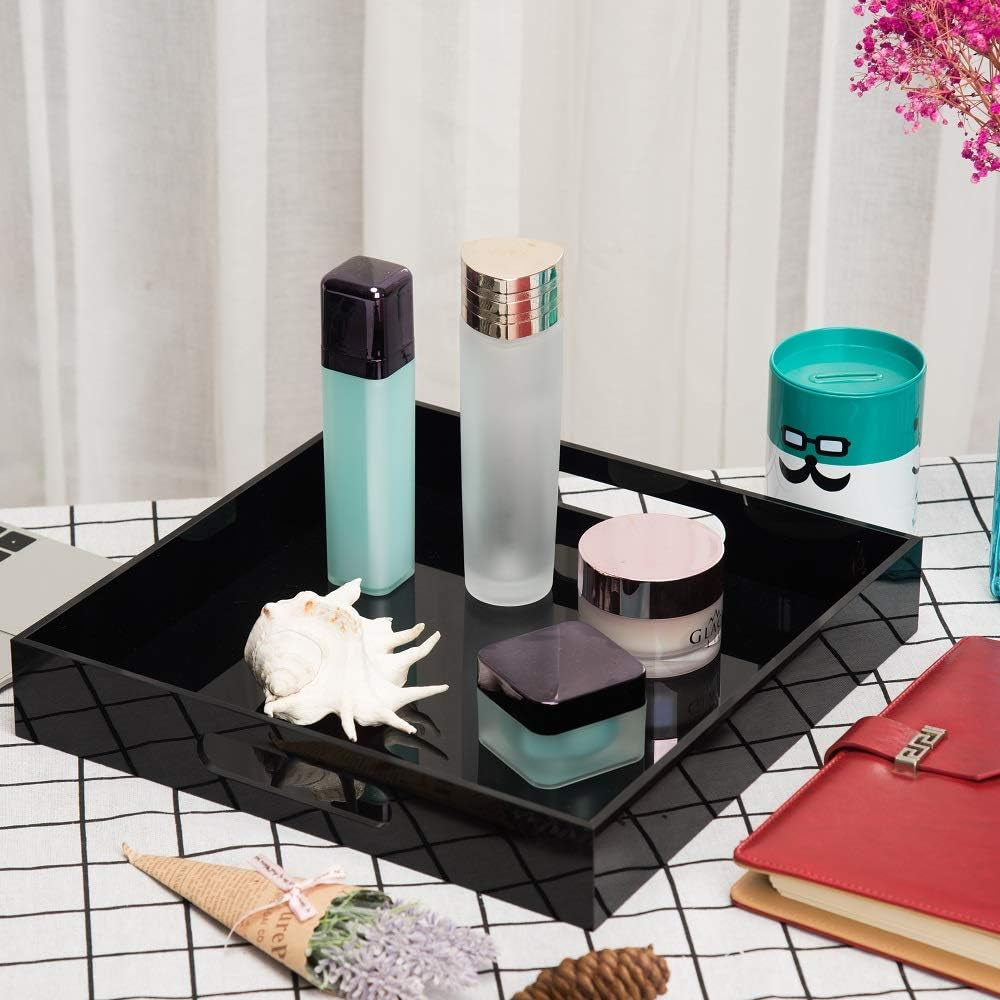 Glossy Black Sturdy Acrylic Serving Tray with Handles - 12X12 Inch Multipurpose Tray for Coffee, Appetizers, Breakfast, and More