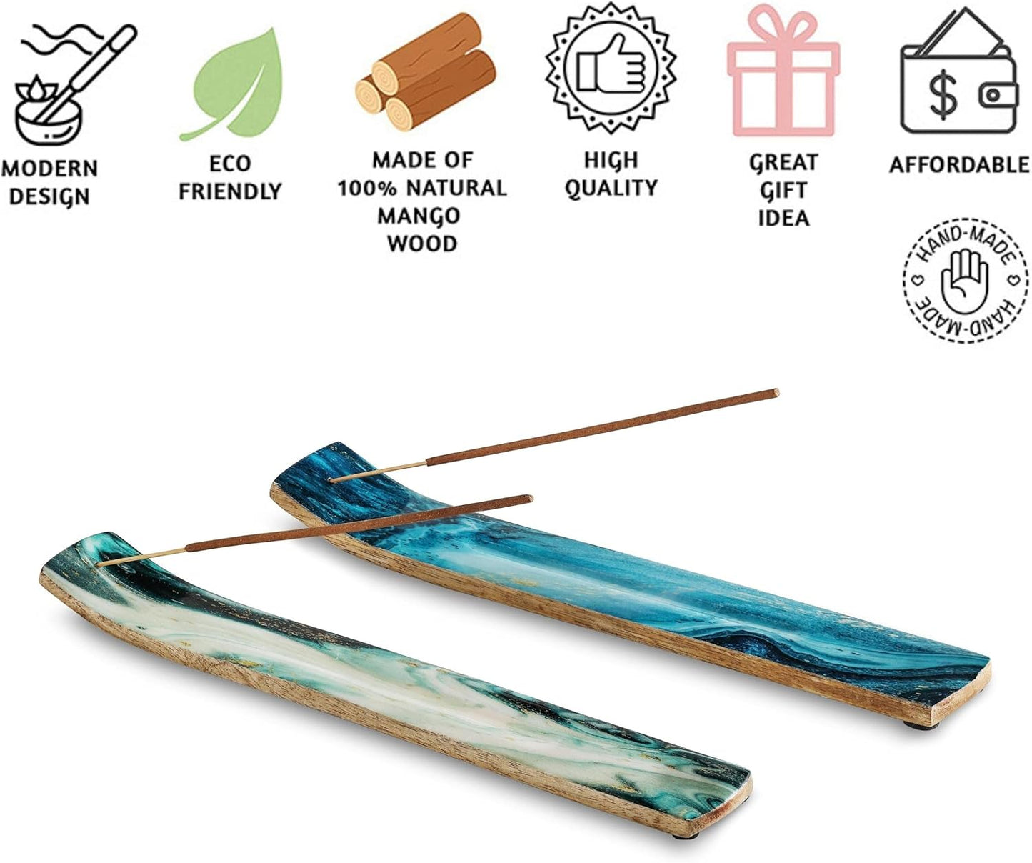 Set of 2 Incense Holder or Incense Burner for Insence Sticks, Insence Burner Holder for Home Decor or Ash Catcher, Inscent Tray or Insense Stick Holders, Mango Wood, Blue and Green Agate