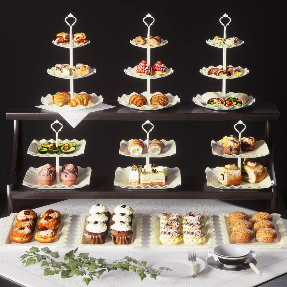 6-Piece 3-Tier White Plastic and 4-Piece Cake Stand Serving Trays for Tea Party Wedding