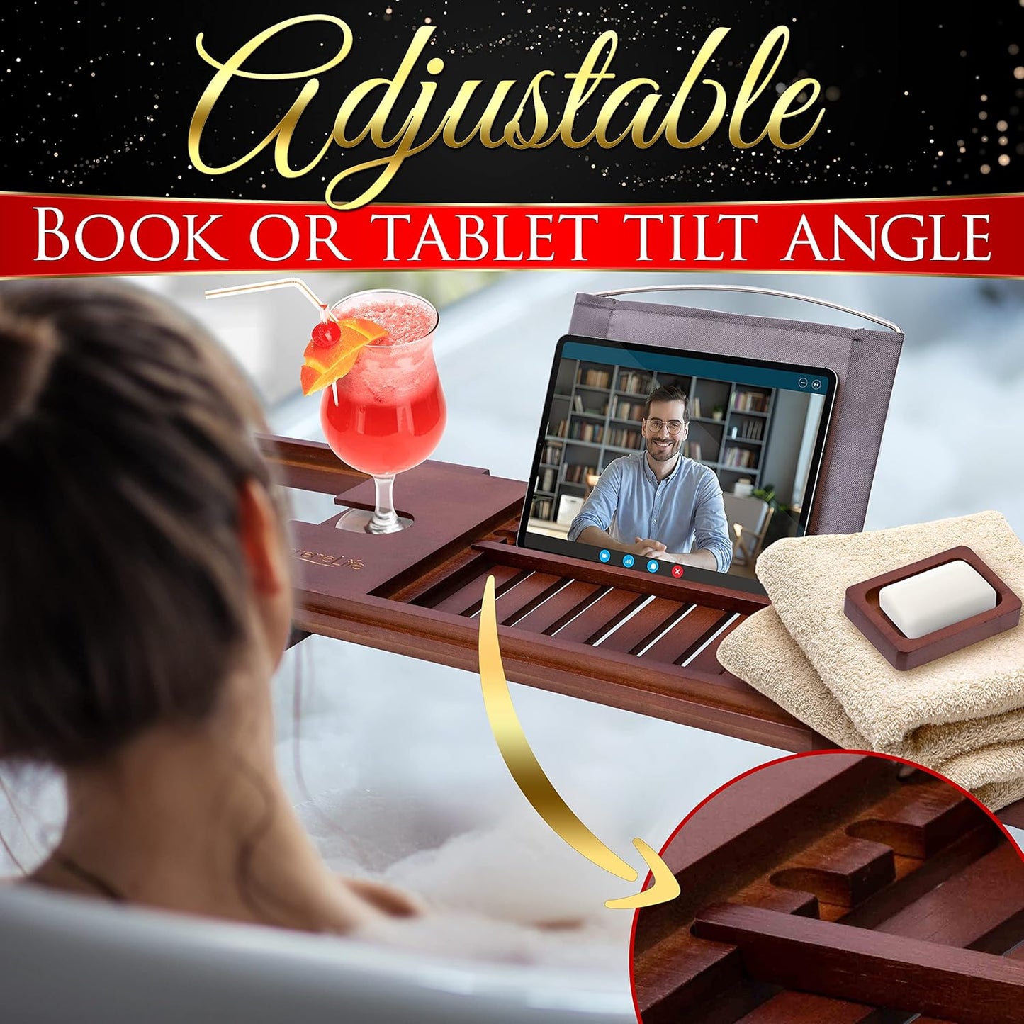 Premium Bathtub Tray Caddy with Gift Box and Bow Set, Expandable Bath Tray, Unique House Warming Gifts for Mom, Women, Wedding, Anniversary, Bridal Shower, Fit for All Tub - Stain Brown
