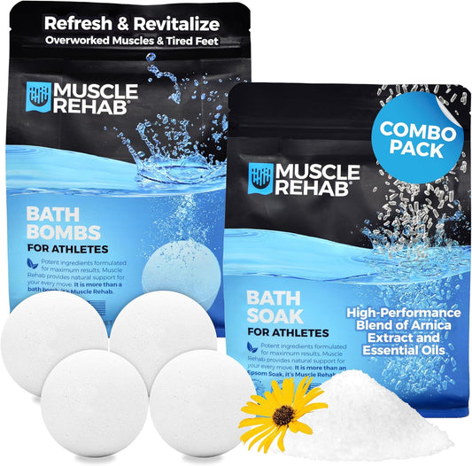 Sports Recovery  Combo Handmade Bath Bombs & Soak for Athletes & Muscle Recovery- Pure Essential Oils, Packed with Arnica, Magnesium, Minerals-, White, 45 Ounce