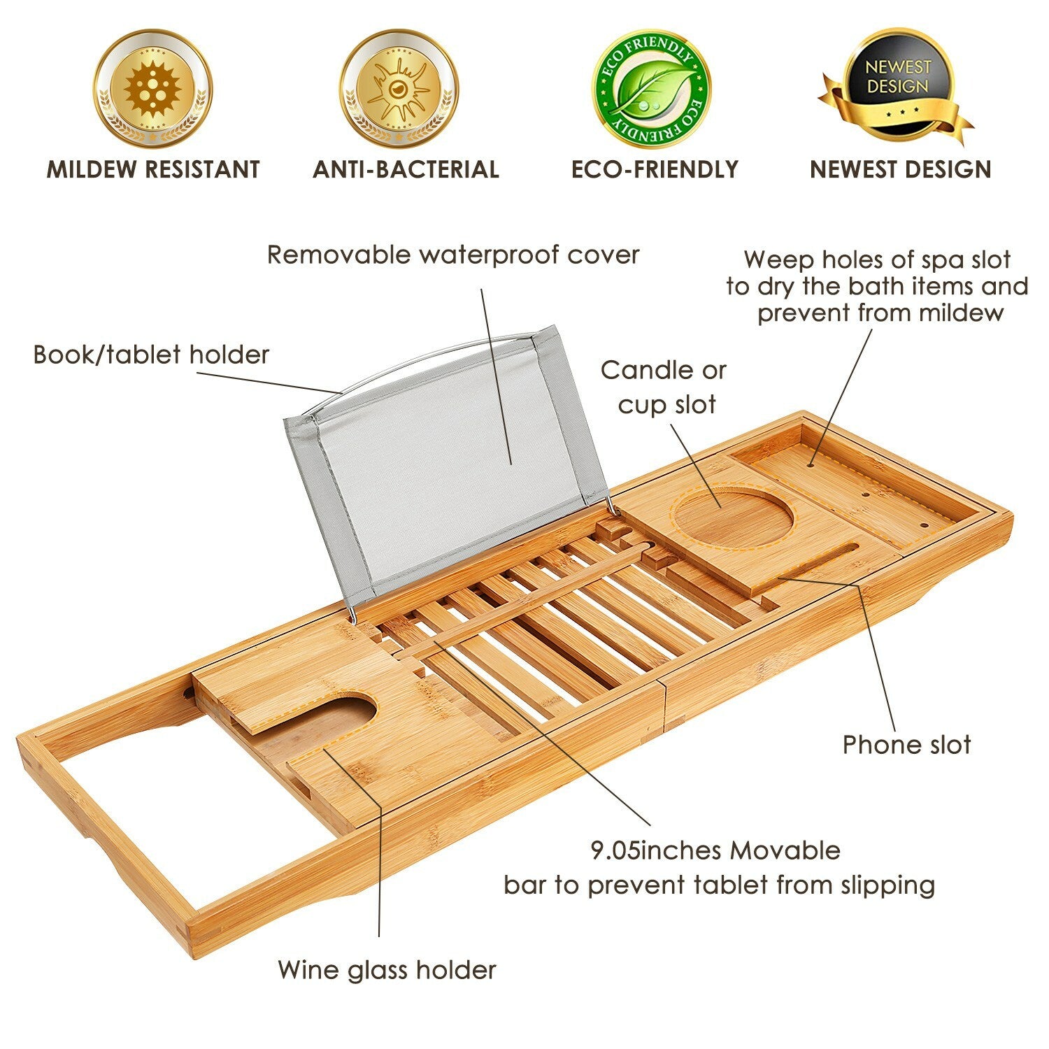 Bamboo Bath Tray Table Bathtub Caddy Tray over the Tub Shelf Bath Holder Desk