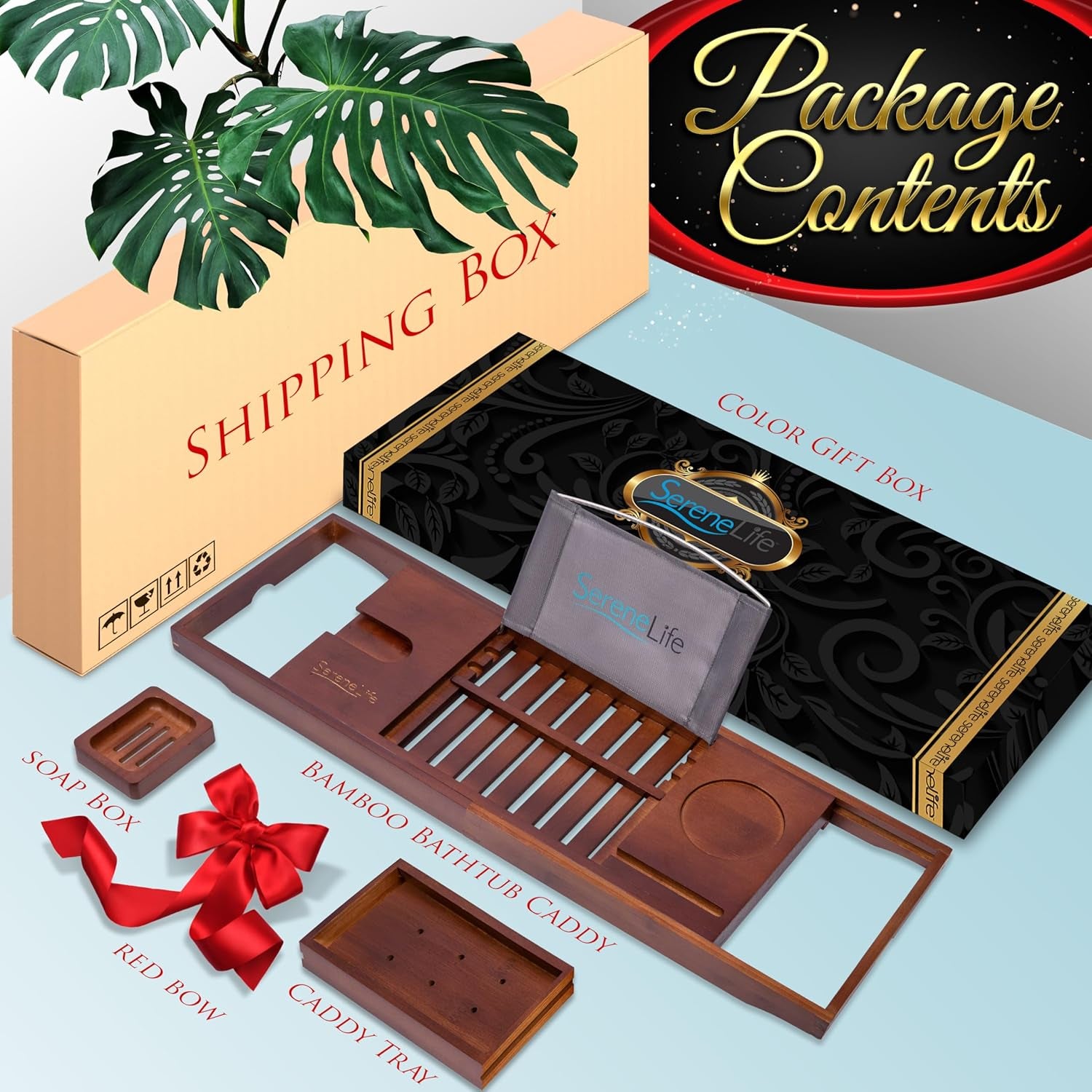 Premium Bathtub Tray Caddy with Gift Box and Bow Set, Expandable Bath Tray, Unique House Warming Gifts for Mom, Women, Wedding, Anniversary, Bridal Shower, Fit for All Tub - Stain Brown