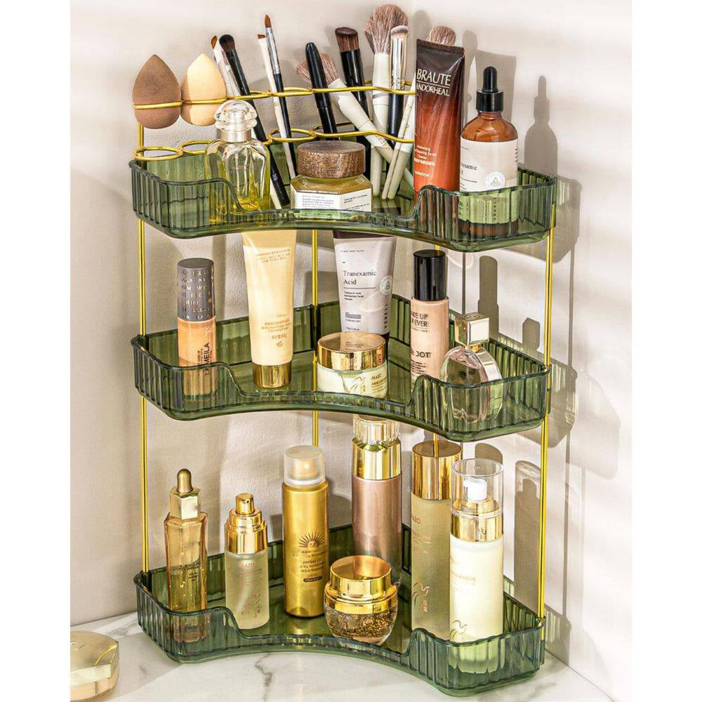 3-Tier Corner Countertop Vanity Organizer with Brush Holder in Green for Bathroom Dresser and Vanity Cosmetic Storage