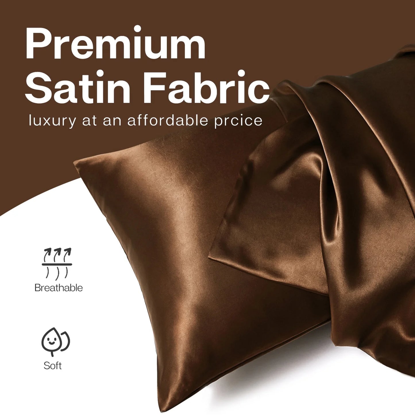 Satin Pillow Case, 2 Pack Satin Standard Silky Pillowcase for Hair and Skin, Satin Pillowcase Set of 2, 20X26, Brown