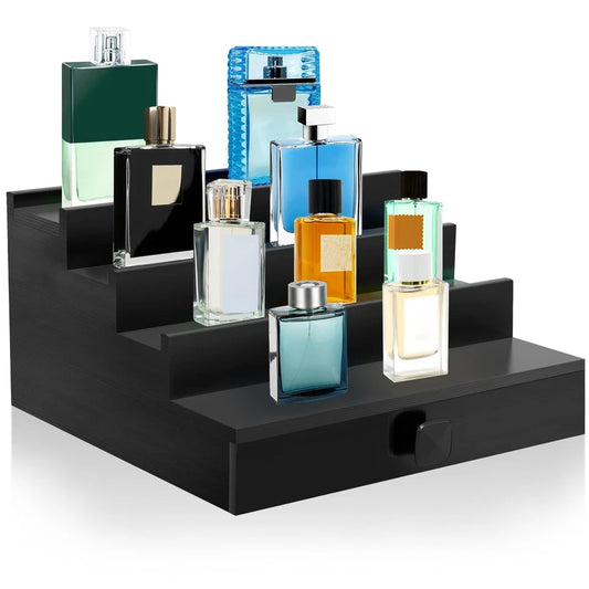 Cologne Organizer, 4 Tier Black Wood Perfume Organizer with Felt Lini...