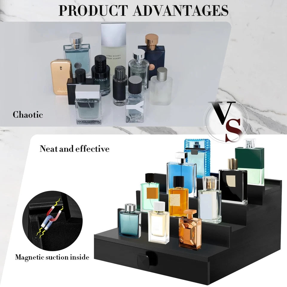 Cologne Organizer, 4 Tier Black Wood Perfume Organizer with Felt Lini...