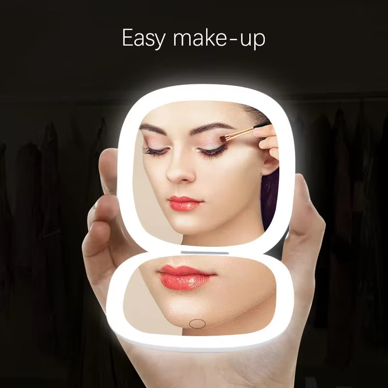 USB Rechargeable Folding Portable LED Makeup Mirror Touch Screen Dimming Handheld with 10X Magnifying Travel Cosmetic Mirrors