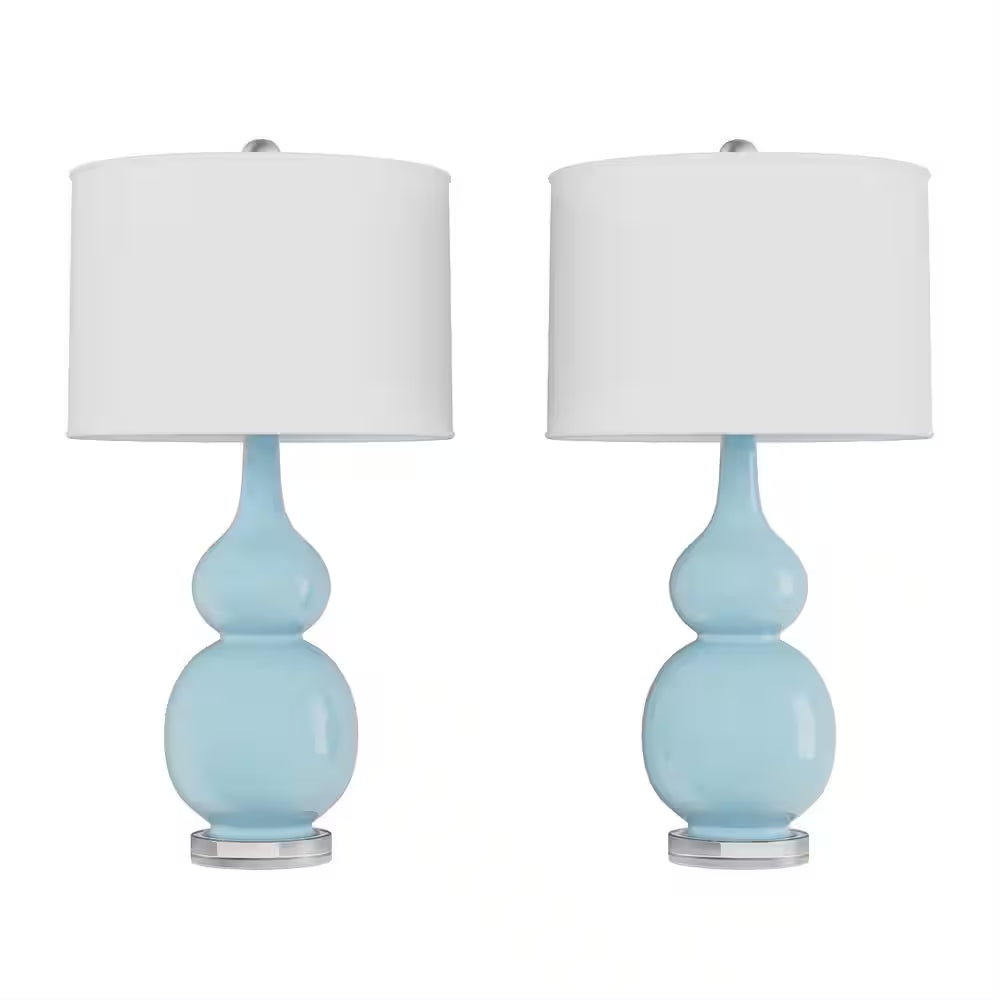 26.25 In. Double Gourd Ceramic Spa Blue LED Table Lamps with Ivory Shades (Set of 2)