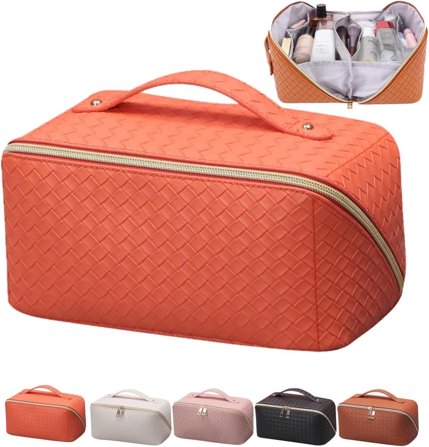 Large Capacity Travel Cosmetic Bag-Pu Leather Travel Makeup Bag with Compartments,Waterproof Cosmetic Bags for Women Make up Organizers and Storage Travel (Vitality Orange)