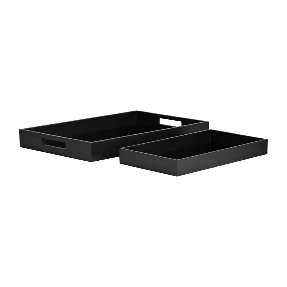 Black Rectangular Wood/Glass 14/18 In. Decorative Tray Set (Set of 2)