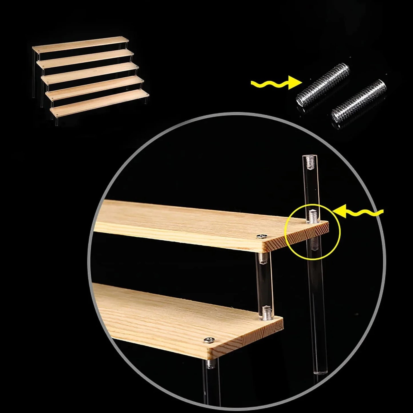 1-5 Tier Acrylic and Solid Wood Panel with Clear Acrylic Column Display Stand for Perfume, Cosmetic, Car Modle, Toy Storage Rack