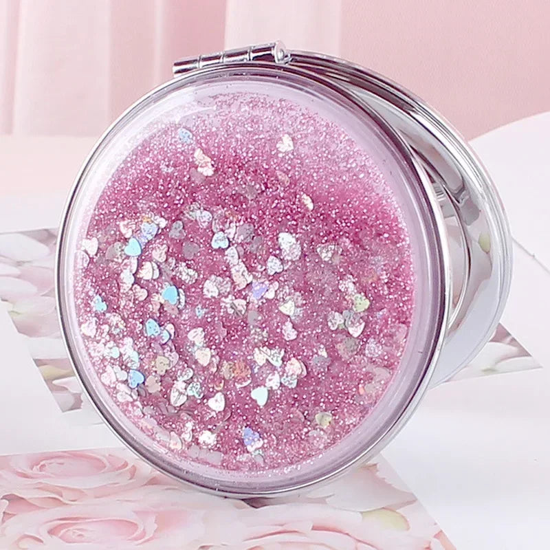 Portable Double-Sided Folding Cosmetic Mirror Female Gifts with Flowing Sparkling Sand Mini Makeup Mirror Compact Pocket Mirrors