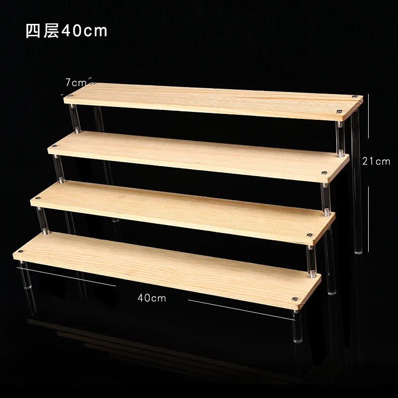 Solid Wooden Ladder Display Rack with Acrylic Pillars, Blind Box, Toy, Perfume, Jewelry Display Stand, Storage Shelf, 1-5 Tiers