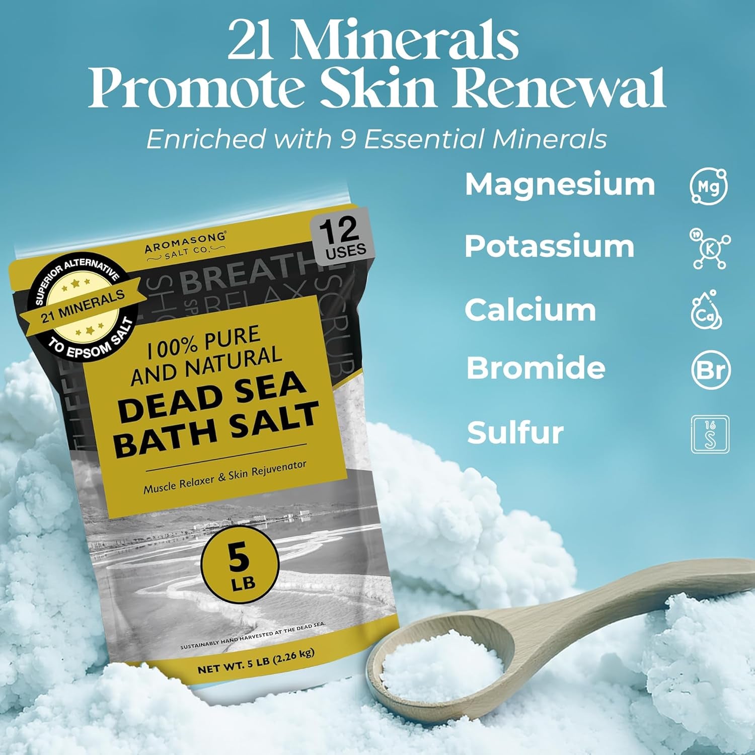 Dead Sea Bath Salt - 100% Pure & Natural Dead Sea Salts for Soaking Fine Grain 5 LB - Bulk Resealable Pack - Used for Body Wash Scrub - Soak for Women & Men.