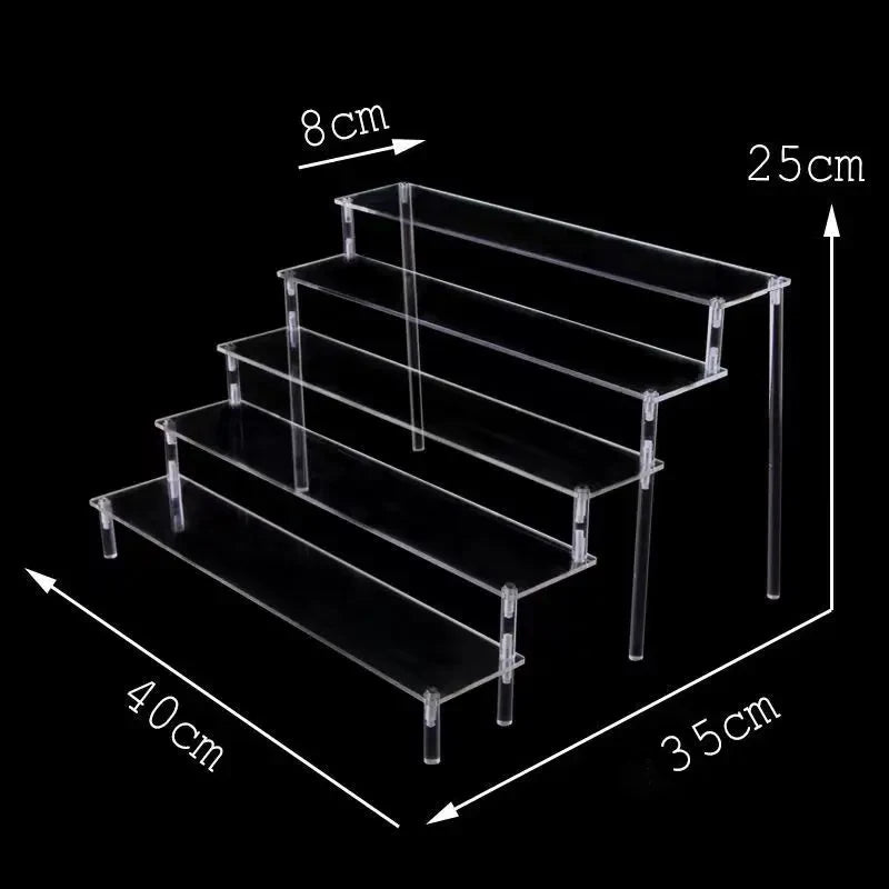 1-5 Tier Acrylic and Solid Wood Panel with Clear Acrylic Column Display Stand for Perfume, Cosmetic, Car Modle, Toy Storage Rack