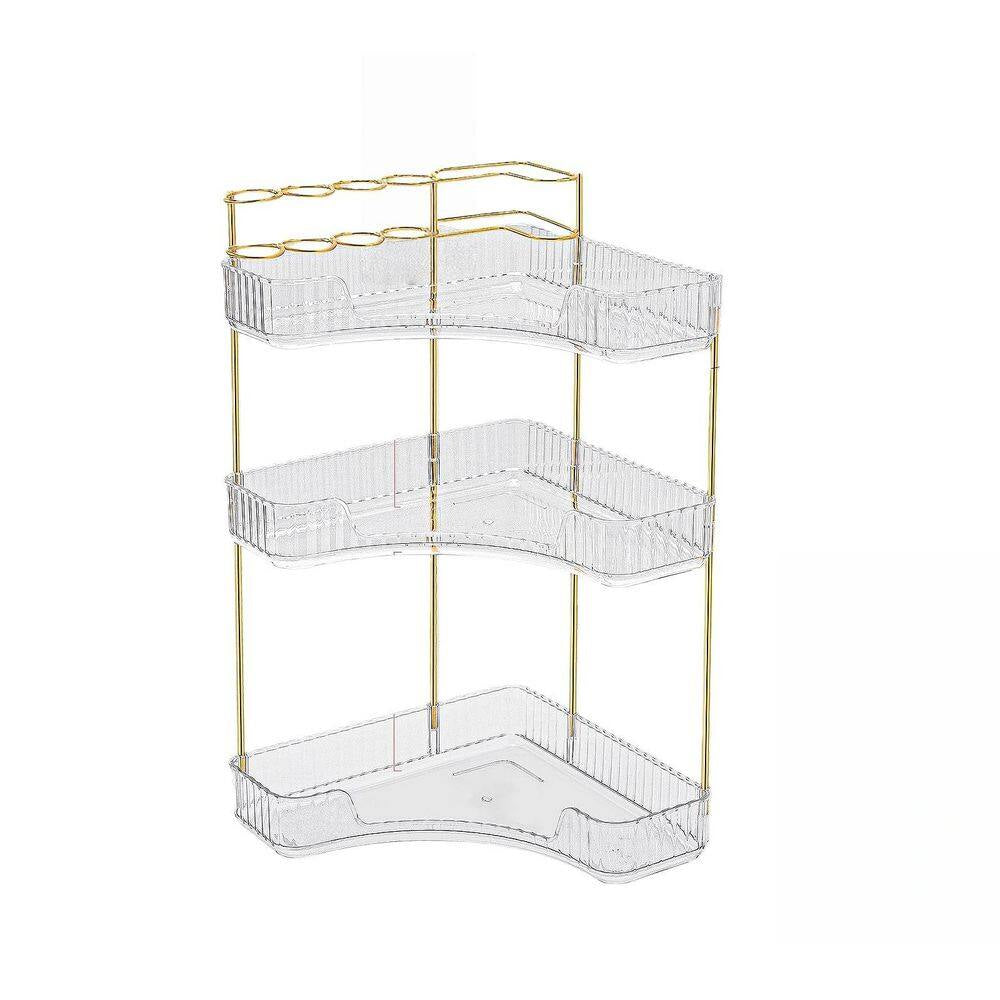 3-Tier Corner Countertop Vanity Organizer with Brush Holder in Clear for Bathroom Dresser and Vanity Cosmetic Storage