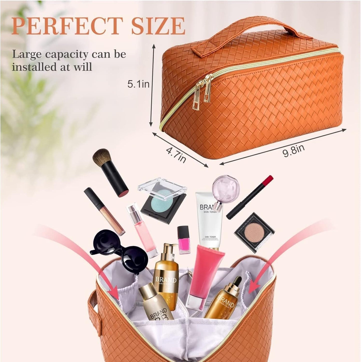 Large Capacity Travel Cosmetic Bag-Pu Leather Travel Makeup Bag with Compartments,Waterproof Cosmetic Bags for Women Make up Organizers and Storage Travel (Vitality Orange)