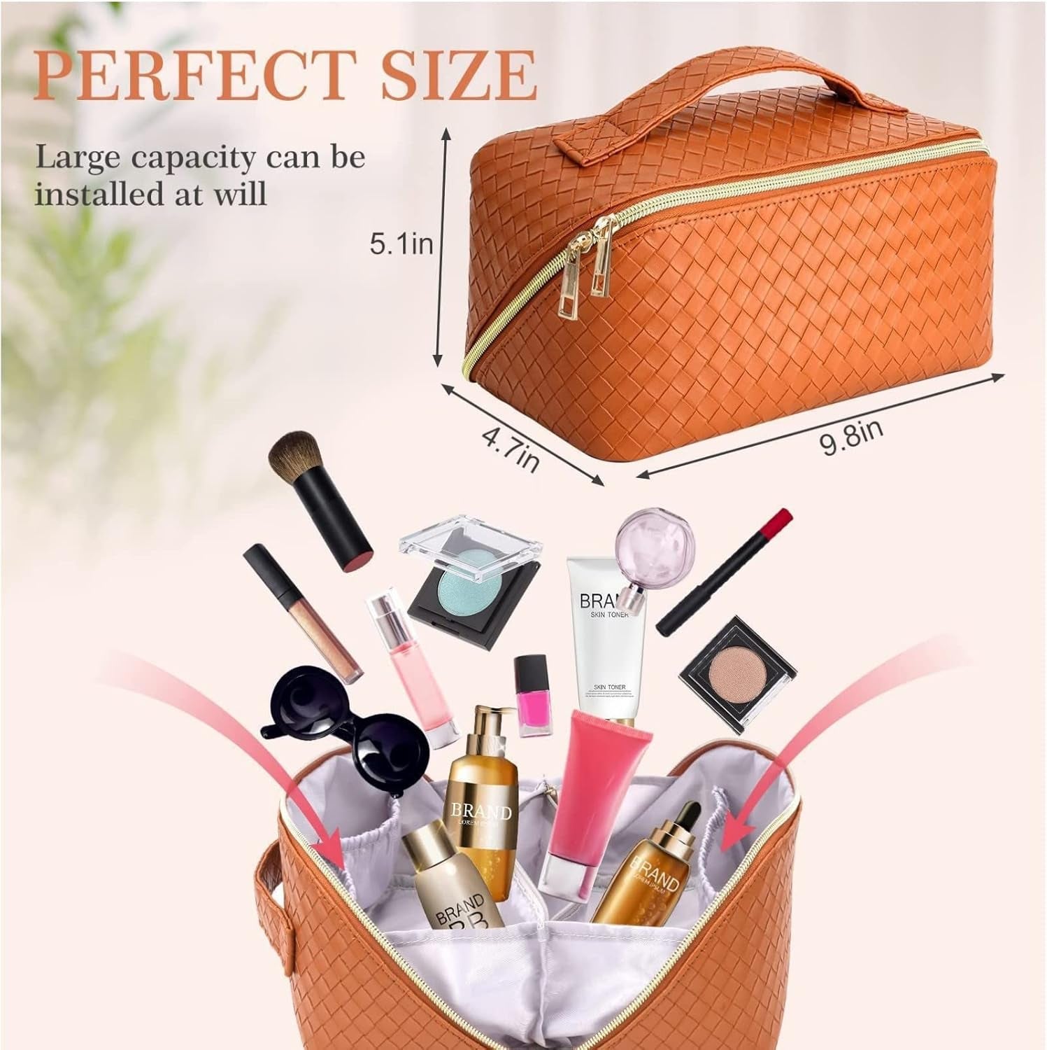 Large Capacity Travel Cosmetic Bag-Pu Leather Travel Makeup Bag with Compartments,Waterproof Cosmetic Bags for Women Make up Organizers and Storage Travel (Vitality Orange)