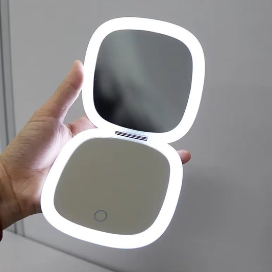 USB Rechargeable Folding Portable LED Makeup Mirror Touch Screen Dimming Handheld with 10X Magnifying Travel Cosmetic Mirrors
