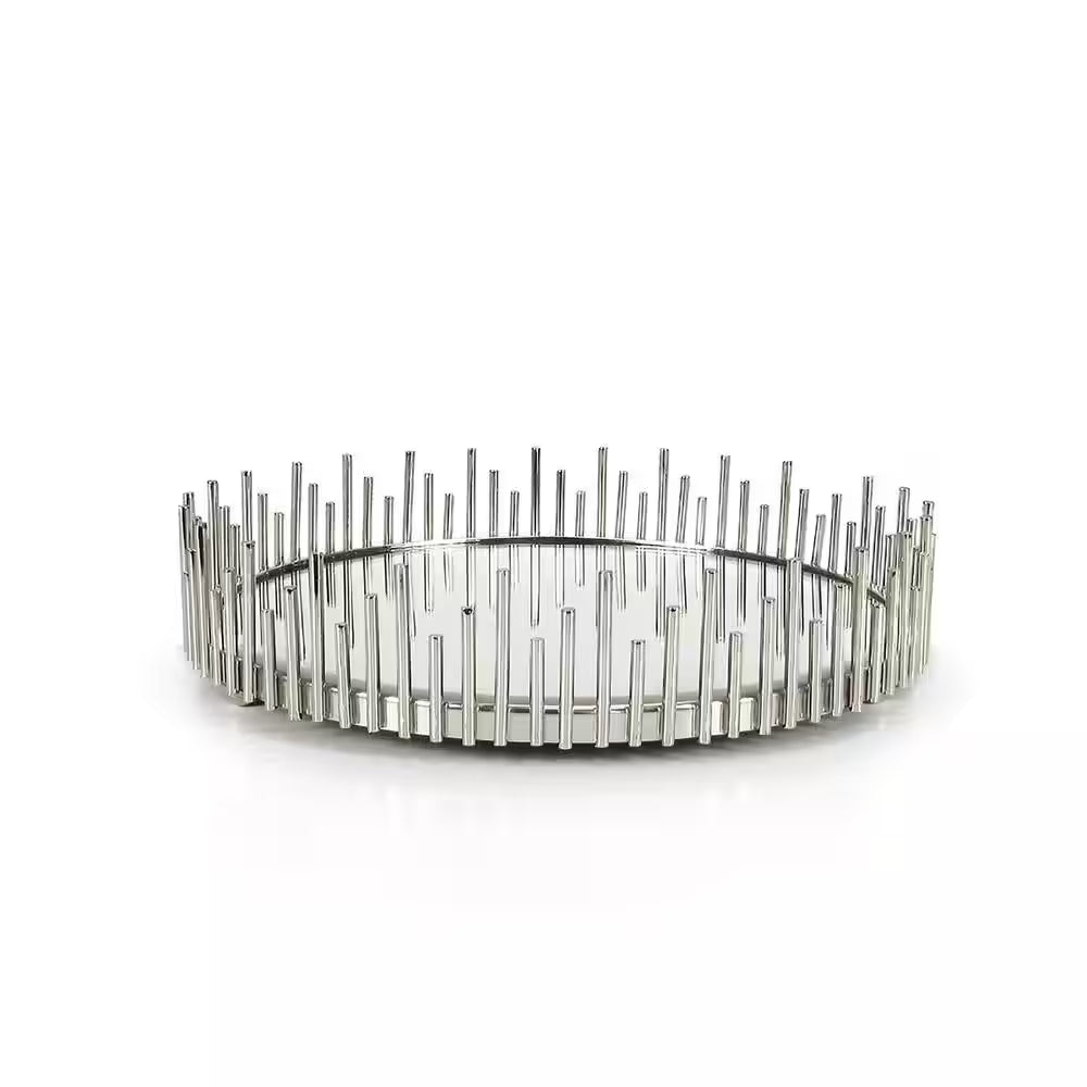Sunburst 10 In. Silver round Metal Mirror Decorative Tray