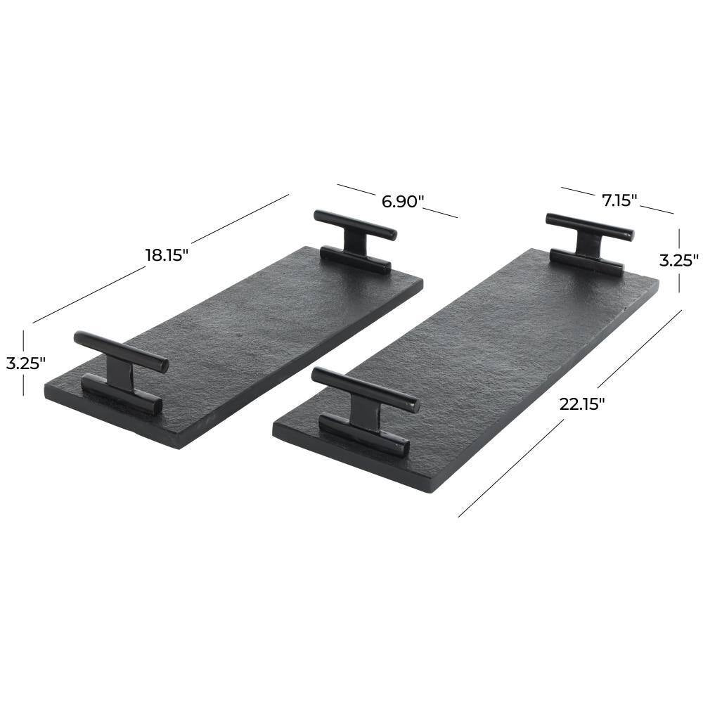 Black Marble Slim Textured Decorative Tray with Rod Handles (Set of 2)