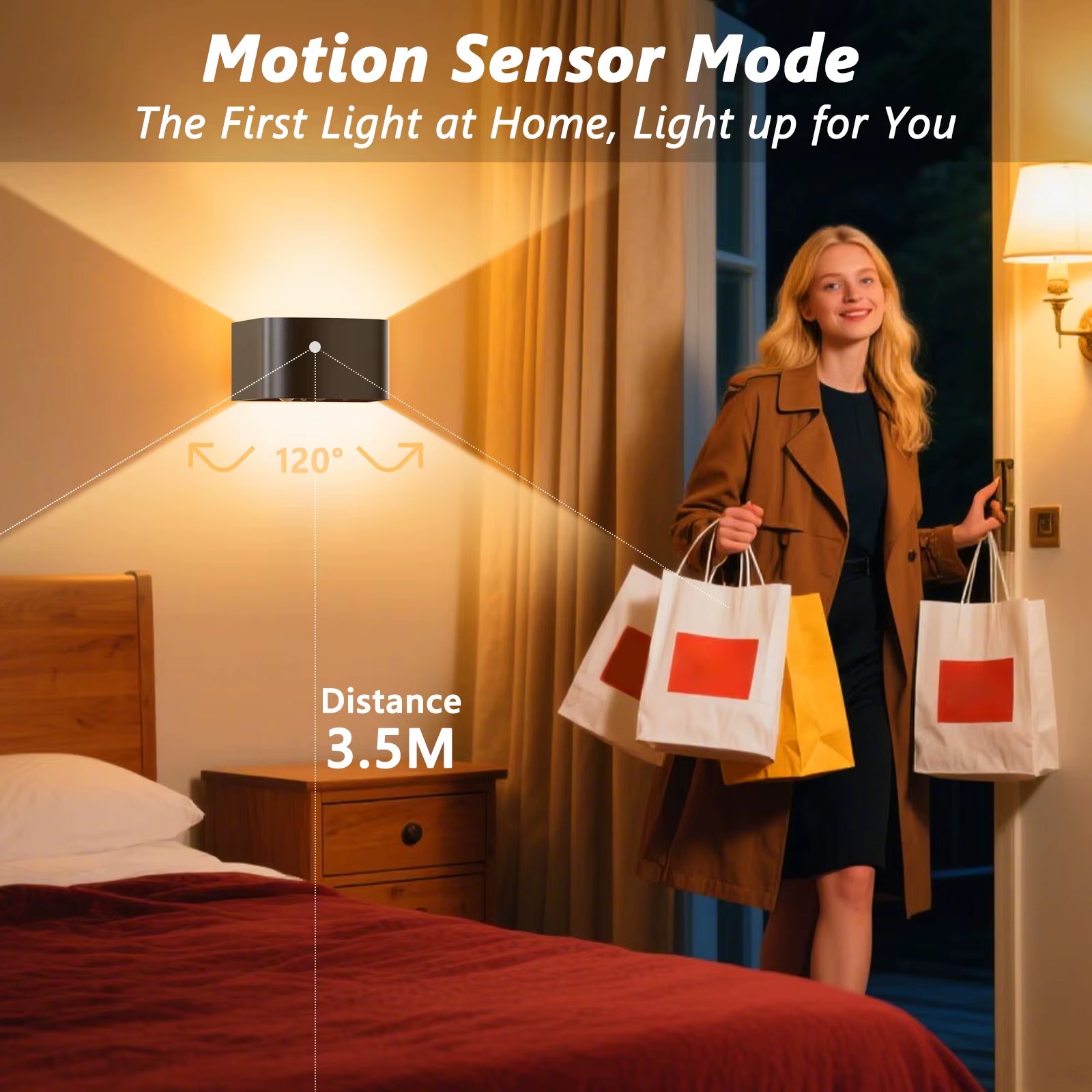 Indoor Wall Lamps with Motion Sensors, Remote Control, 3 Colors, LED Wall Lamps, 3 Modes, Wall Lamps Powered by Rechargeable Bat