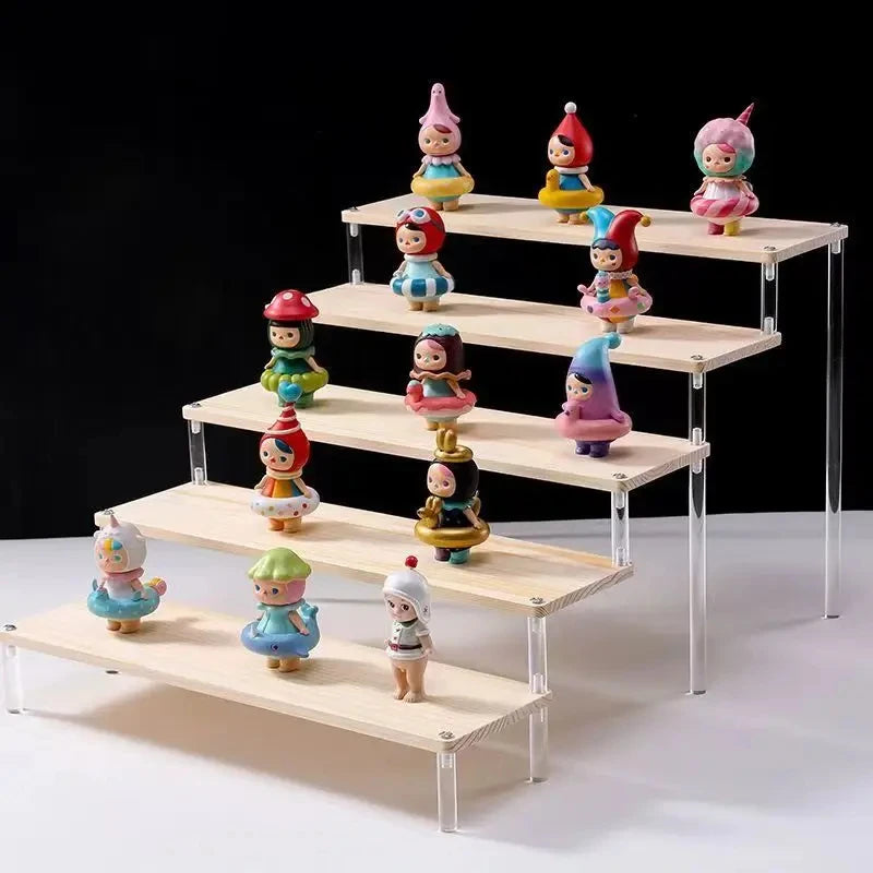 Solid Wooden Ladder Display Rack with Acrylic Pillars, Blind Box, Toy, Perfume, Jewelry Display Stand, Storage Shelf, 1-5 Tiers