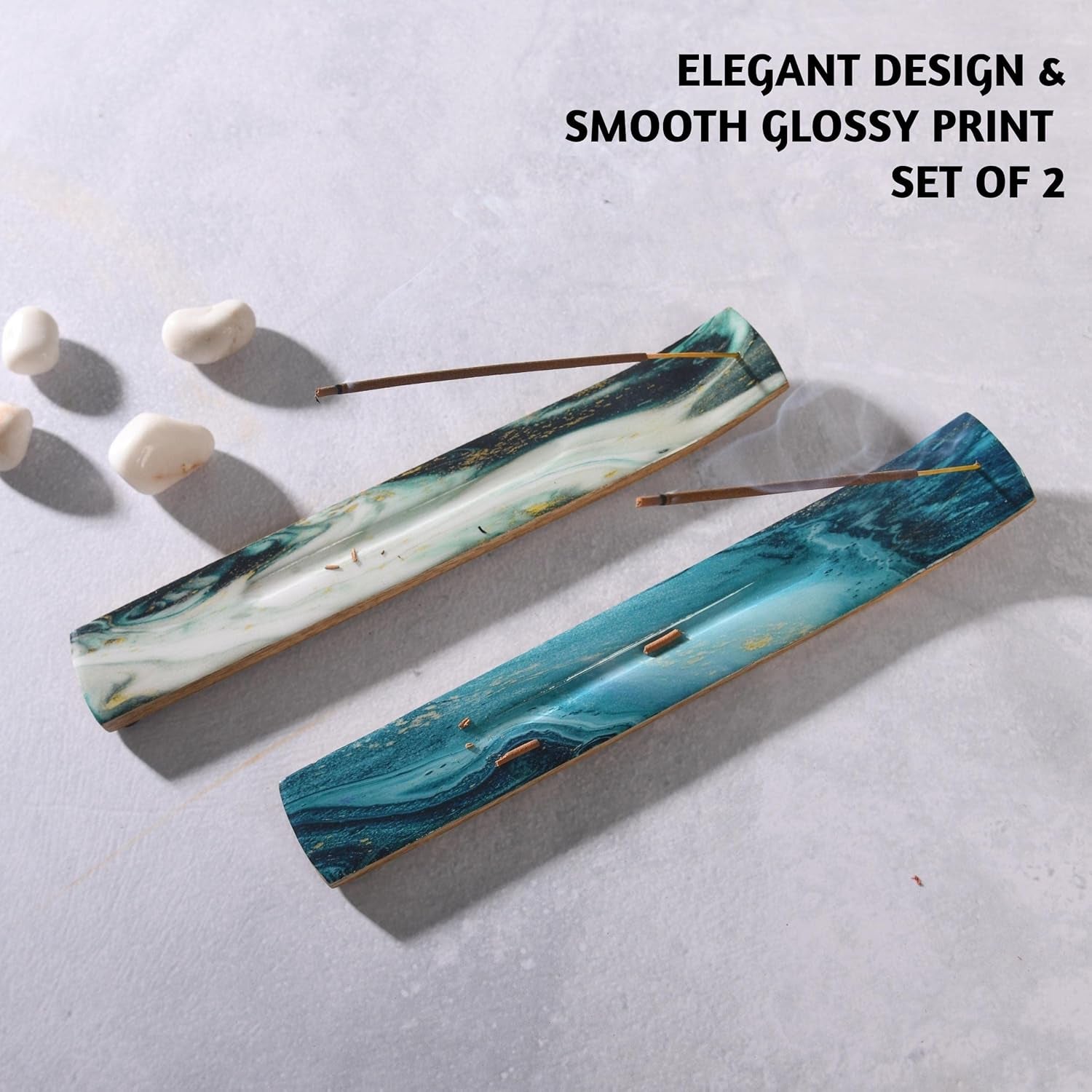 Set of 2 Incense Holder or Incense Burner for Insence Sticks, Insence Burner Holder for Home Decor or Ash Catcher, Inscent Tray or Insense Stick Holders, Mango Wood, Blue and Green Agate
