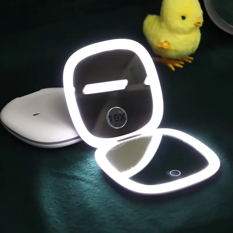 USB Rechargeable Folding Portable LED Makeup Mirror Touch Screen Dimming Handheld with 10X Magnifying Travel Cosmetic Mirrors