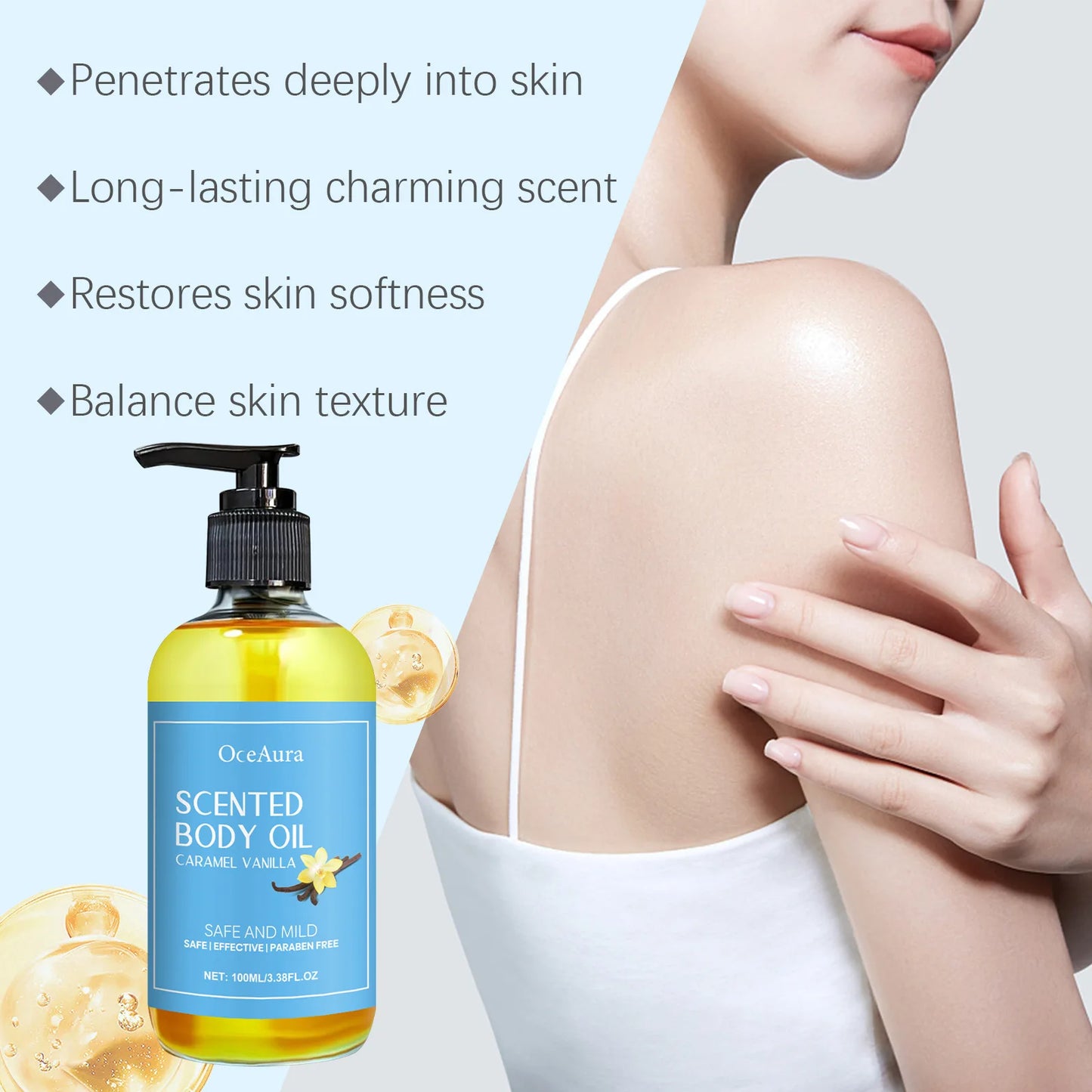 Caramel Body Oil Vanilla Scented Fragrance Moisturizing Deep Nourishing Glowing Repair Stress Relief Smoothing Skin Massage Oil