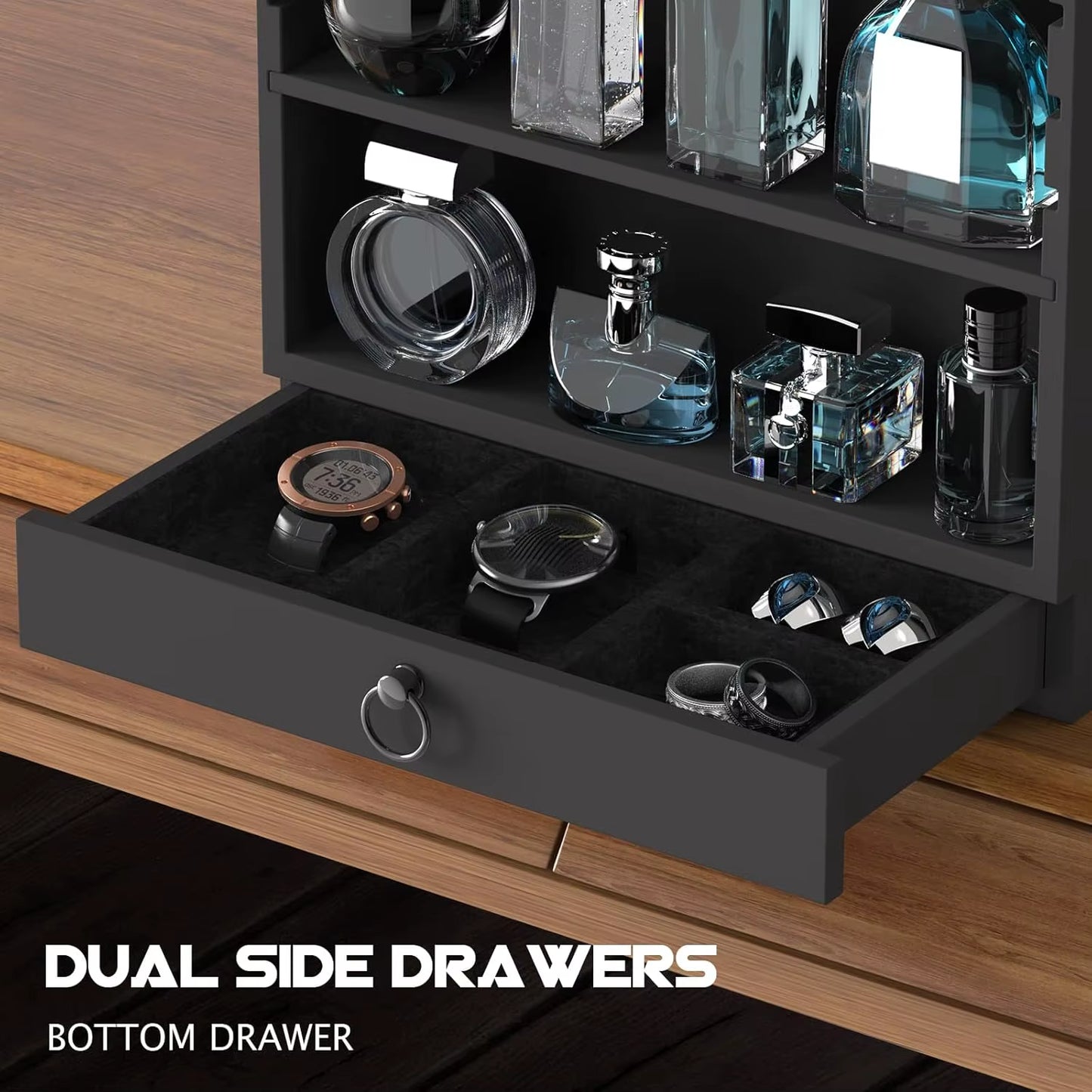 Wooden Perfume Organizer for Men, 4-Tier Standing Display with Double Drawers, Large Storage, Classic Black