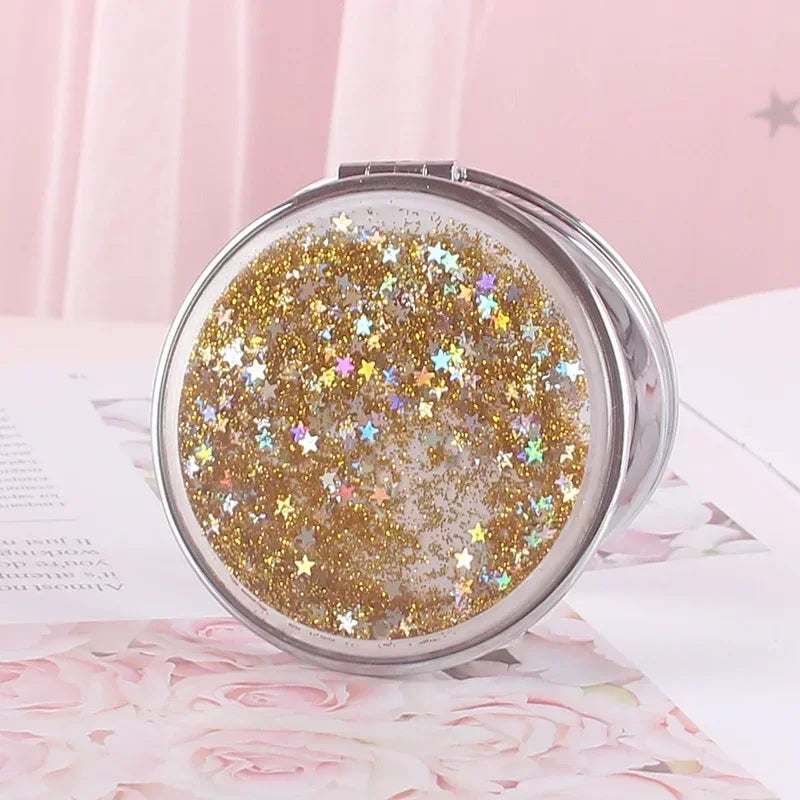 Portable Double-Sided Folding Cosmetic Mirror Female Gifts with Flowing Sparkling Sand Mini Makeup Mirror Compact Pocket Mirrors