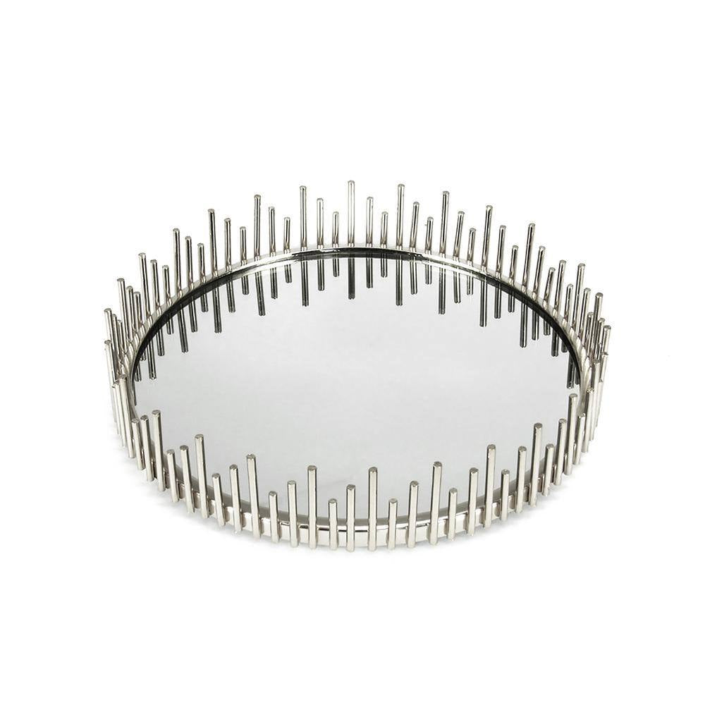 Sunburst 10 In. Silver round Metal Mirror Decorative Tray