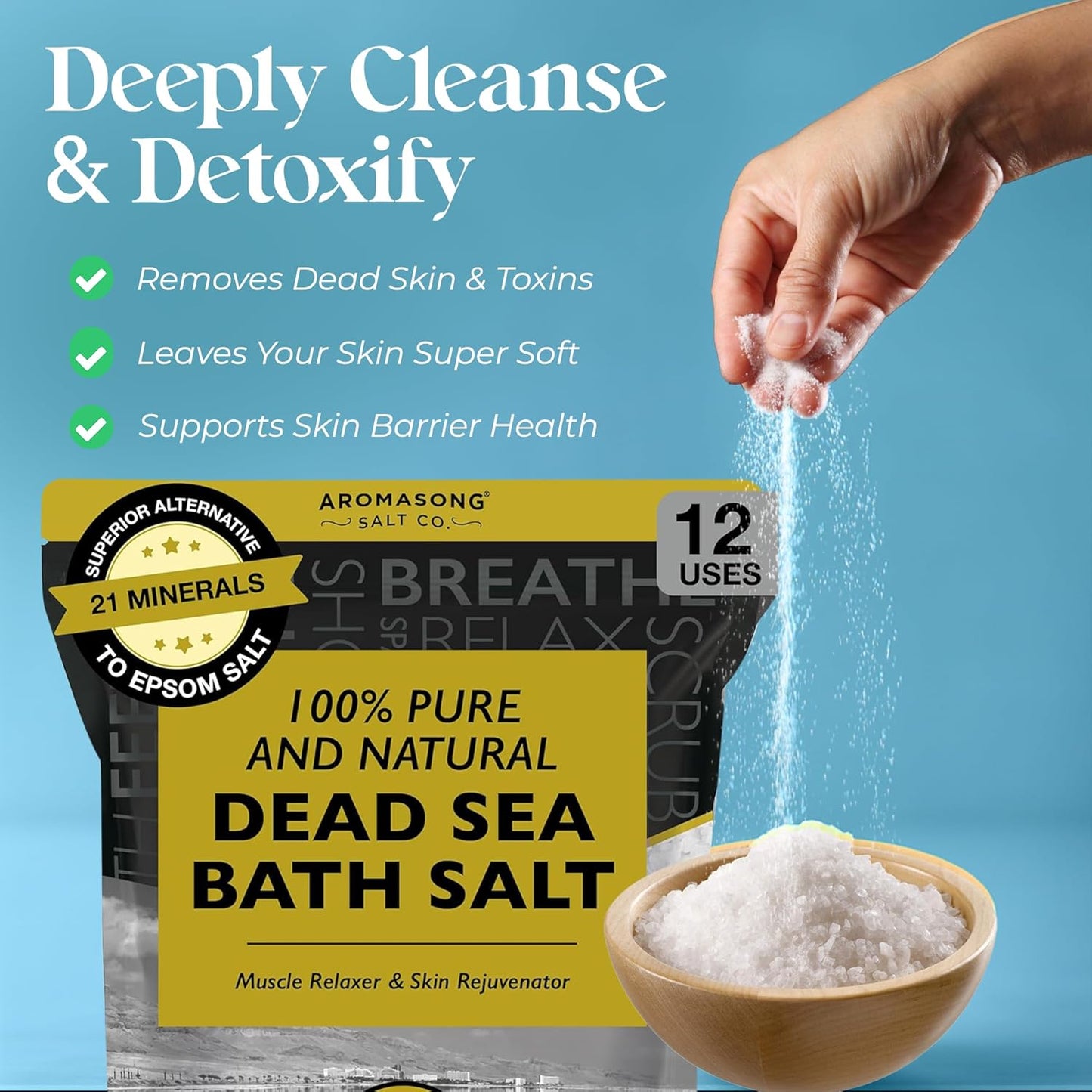 Dead Sea Bath Salt - 100% Pure & Natural Dead Sea Salts for Soaking Fine Grain 5 LB - Bulk Resealable Pack - Used for Body Wash Scrub - Soak for Women & Men.