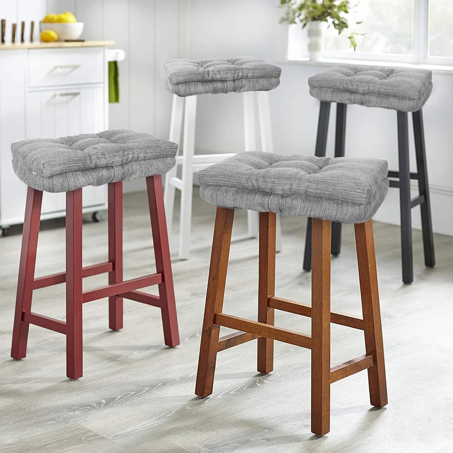 Set of 2 Memory Foam Stool Cushion Rectangular, Dual-Layer Design Bar Stool Cushion Saddle Stool Pad with Ties - 2 Pads Only (Gray, 18X9.5X1.5In)