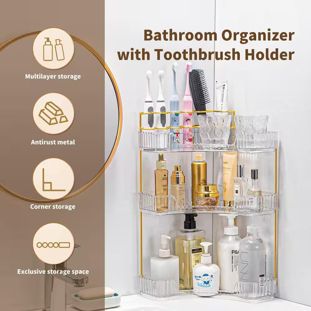 3-Tier Corner Countertop Vanity Organizer with Brush Holder in Clear for Bathroom Dresser and Vanity Cosmetic Storage