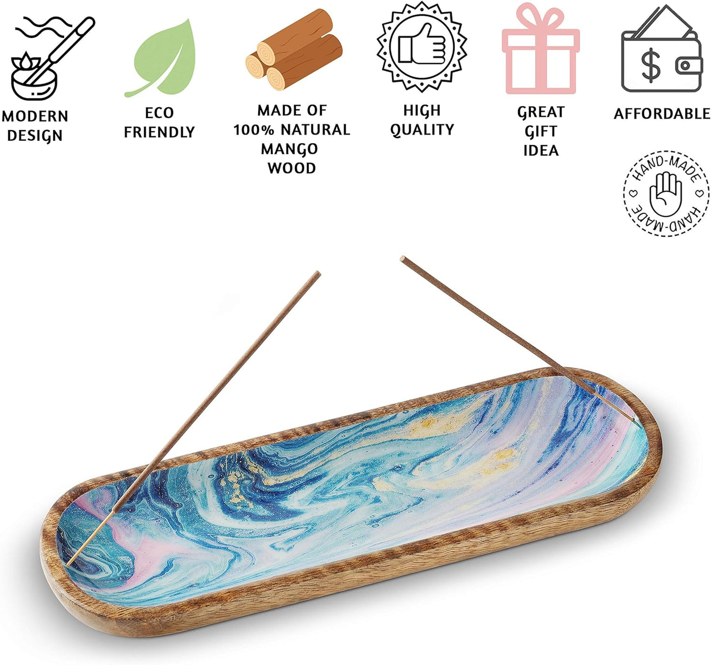 Incense Holder or Incense Burner, Incense Holder for Sticks, Ash Catcher or Insence-Stick Holder or Insence Tray for Table Decor, 12-Inch Long and 4-Inch Wide, Mango Wood, Galaxy