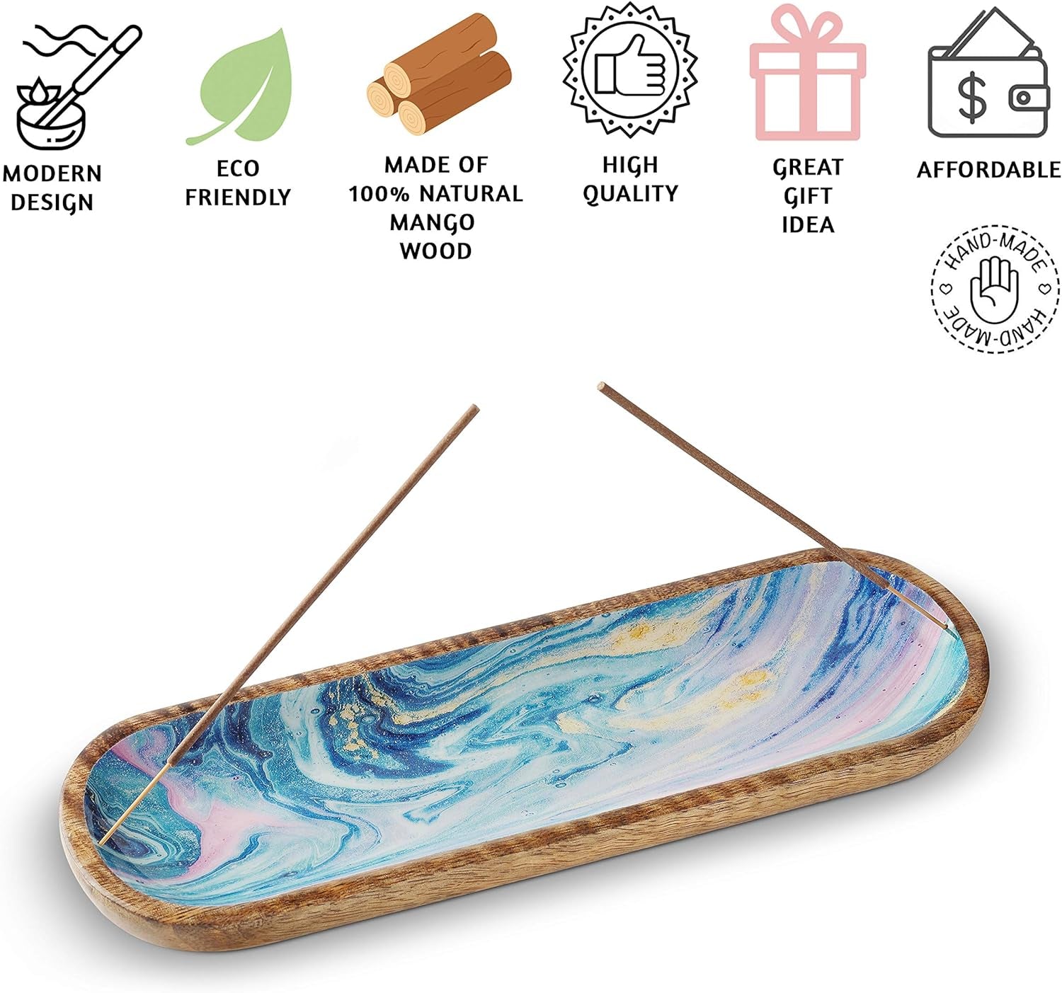 Incense Holder or Incense Burner, Incense Holder for Sticks, Ash Catcher or Insence-Stick Holder or Insence Tray for Table Decor, 12-Inch Long and 4-Inch Wide, Mango Wood, Galaxy