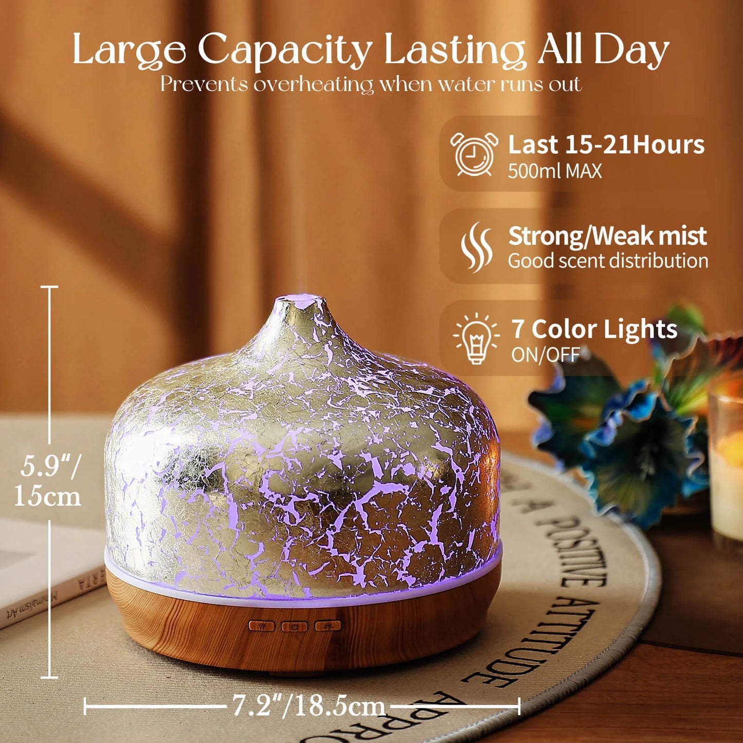 500Ml Essential Oil Diffuser Silver Plated Glass Aromatherapy Ultrasonic Humidifier - Auto Shut-Off, Timer Setting, BPA Free for Home Hotel Yoga Spa,Christmas Gift