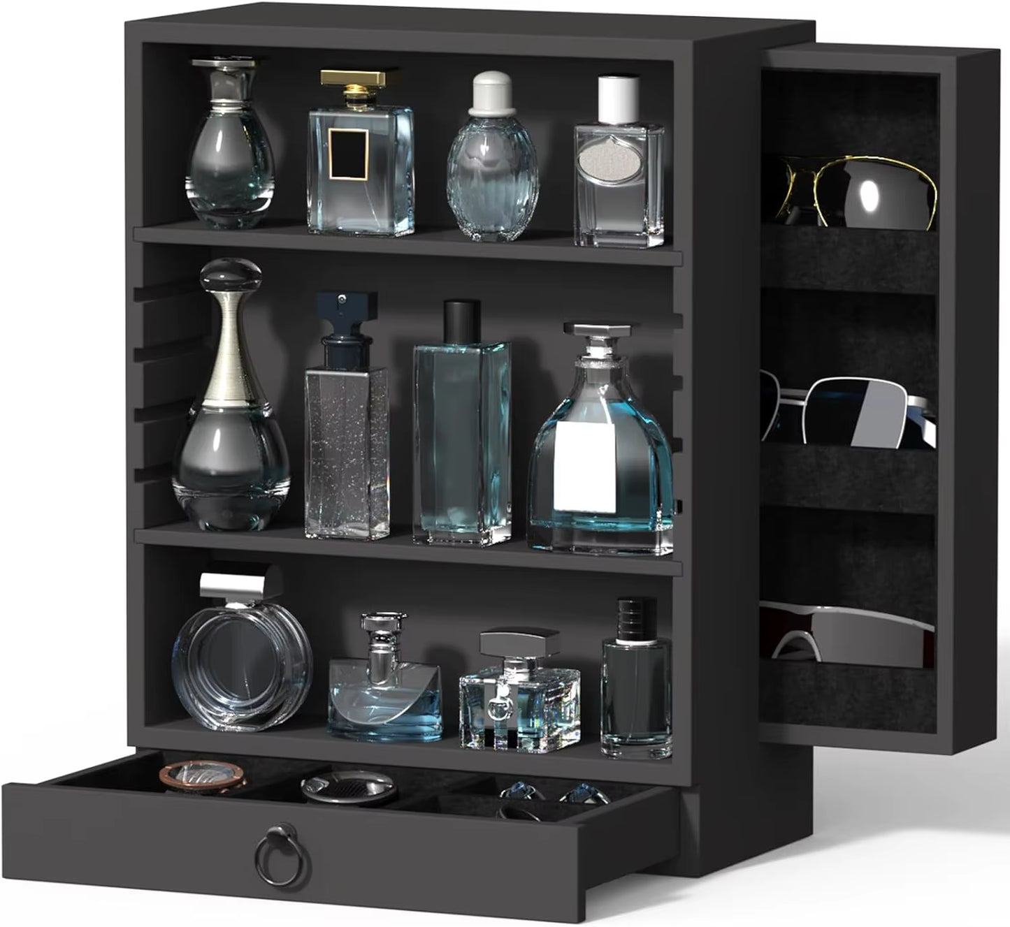Wooden Perfume Organizer for Men, 4-Tier Standing Display with Double Drawers, Large Storage, Classic Black