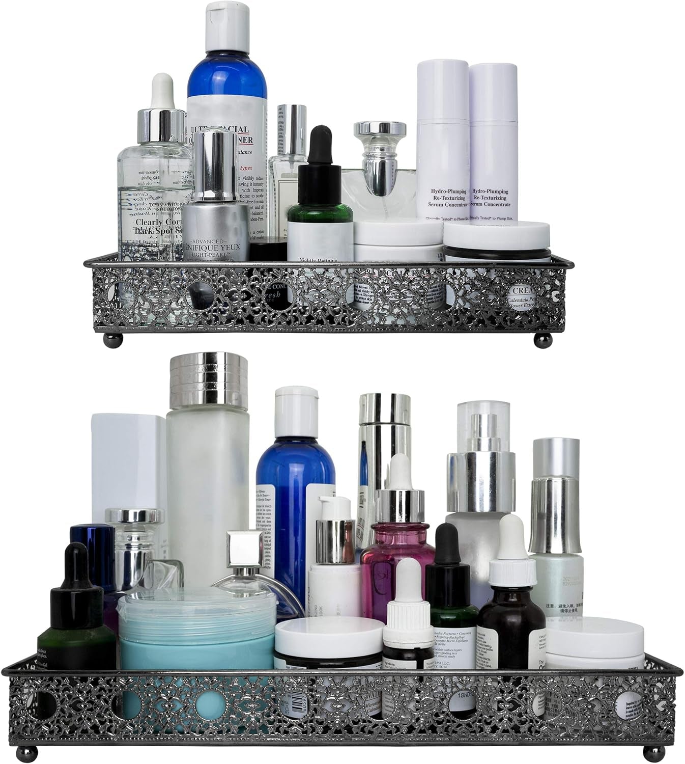 Bathroom Vanity Tray, Decorative Tray, Mirror Tray, Perfume Collection Tray, Candle Tray (2Pc 12.5" L+9.5" L, Gray)