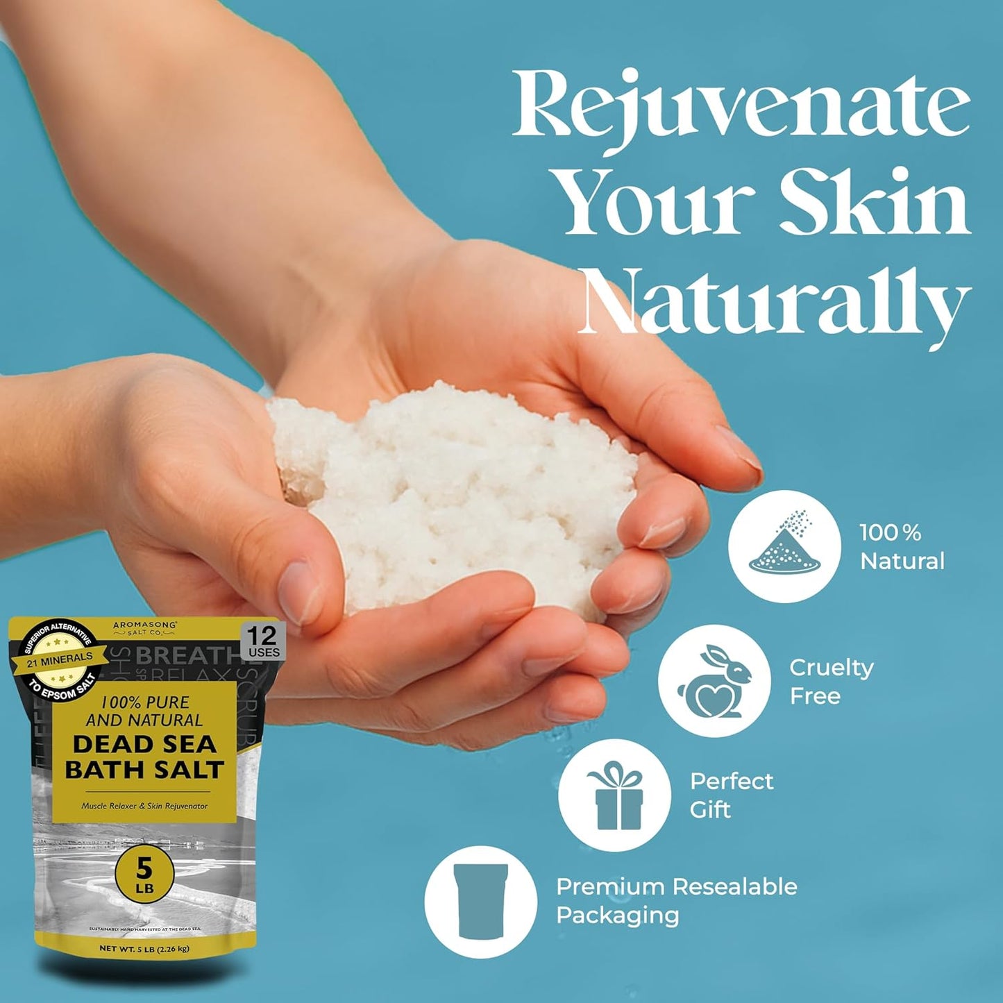 Dead Sea Bath Salt - 100% Pure & Natural Dead Sea Salts for Soaking Fine Grain 5 LB - Bulk Resealable Pack - Used for Body Wash Scrub - Soak for Women & Men.