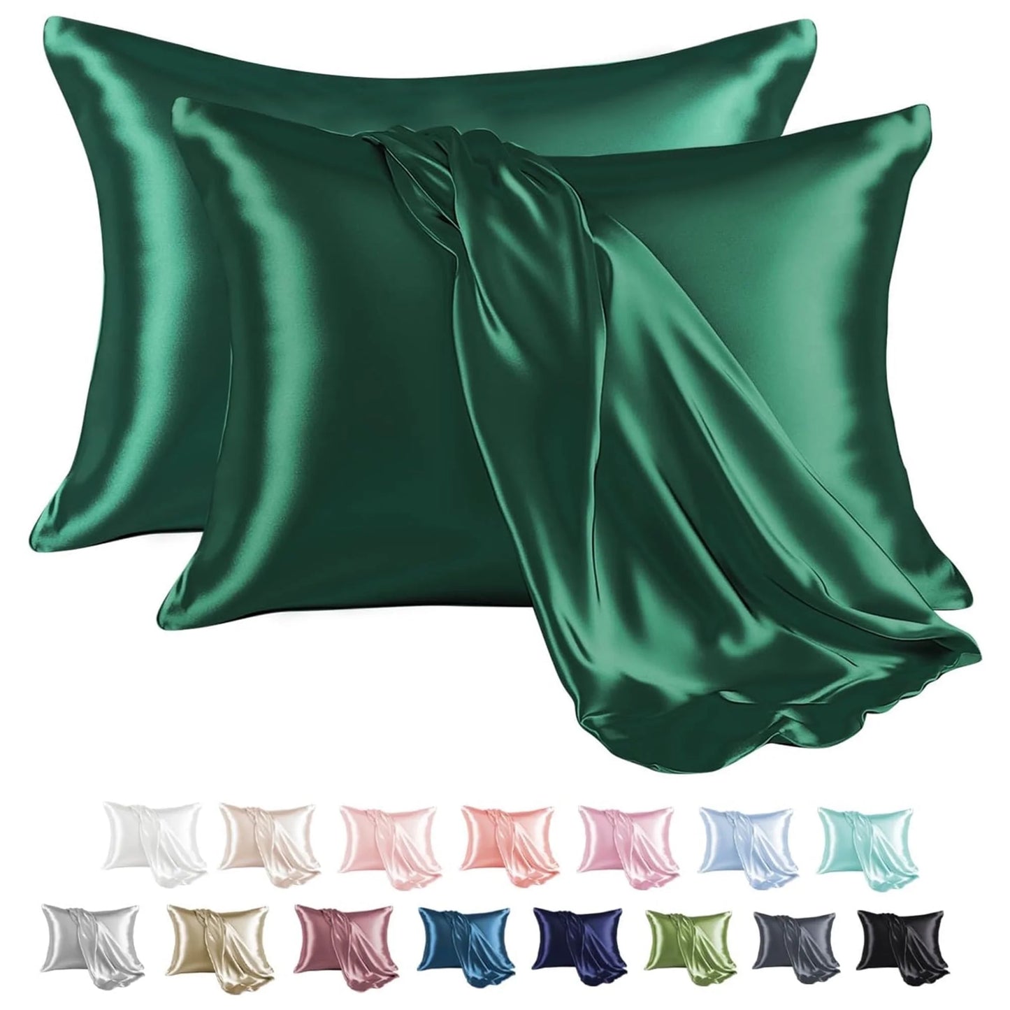 Satin Pillow Case, 2 Pack Satin Standard Silky Pillowcase for Hair and Skin, Satin Pillowcase Set of 2, 20X26, Dark Green