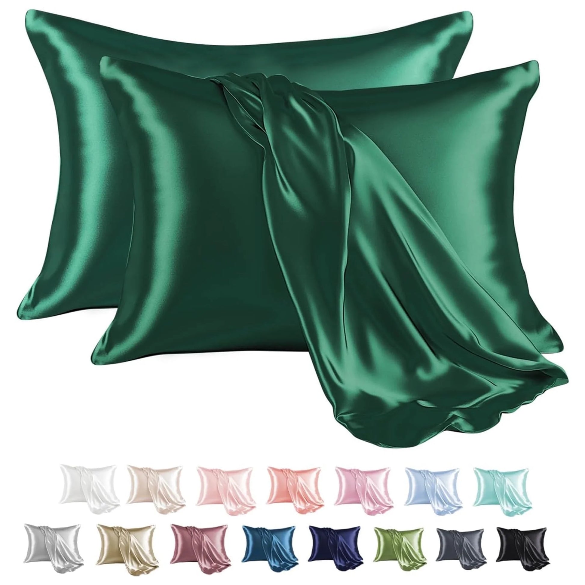 Satin Pillow Case, 2 Pack Satin Standard Silky Pillowcase for Hair and Skin, Satin Pillowcase Set of 2, 20X26, Dark Green