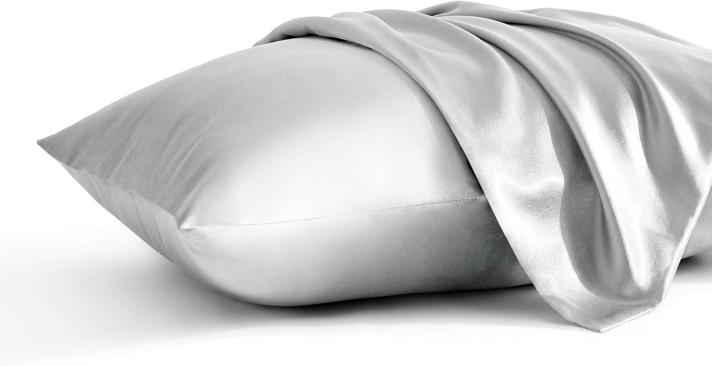 2 Pack Standard Silk Satin Pillowcases for Hair and Skin, Silky Soft and Luxurious Bedding Pillow Cases with Envelope Closure, 20X26 Inches, Silver Grey