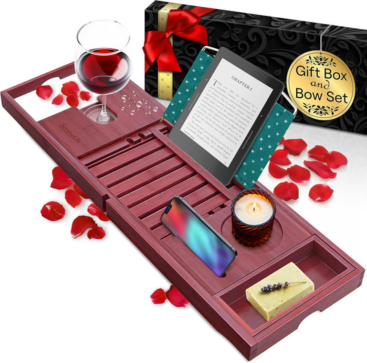Premium Bathtub Tray Caddy with Gift Box and Bow Set, Expandable Bath Tray, Unique House Warming Gifts for Mom, Women, Wedding, Anniversary, Bridal Shower, Fit for All Tub - Stain Brown