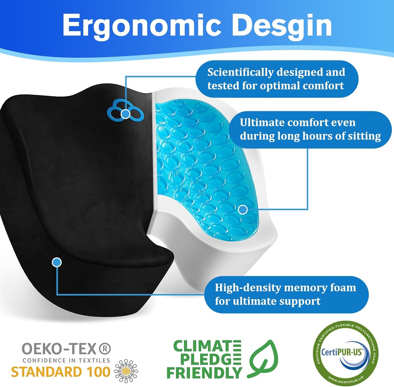 Seat Cushion, Gel Chair Cushions, Office Chair Cushions, Anti-Slip Bottom & Remo