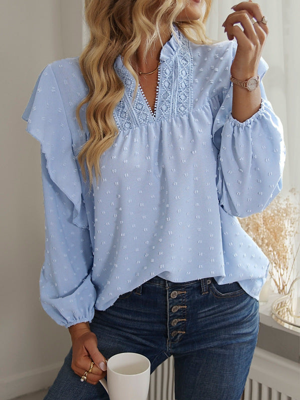Eviana Ruffled Lantern Sleeve Lace Panel Shirt Top