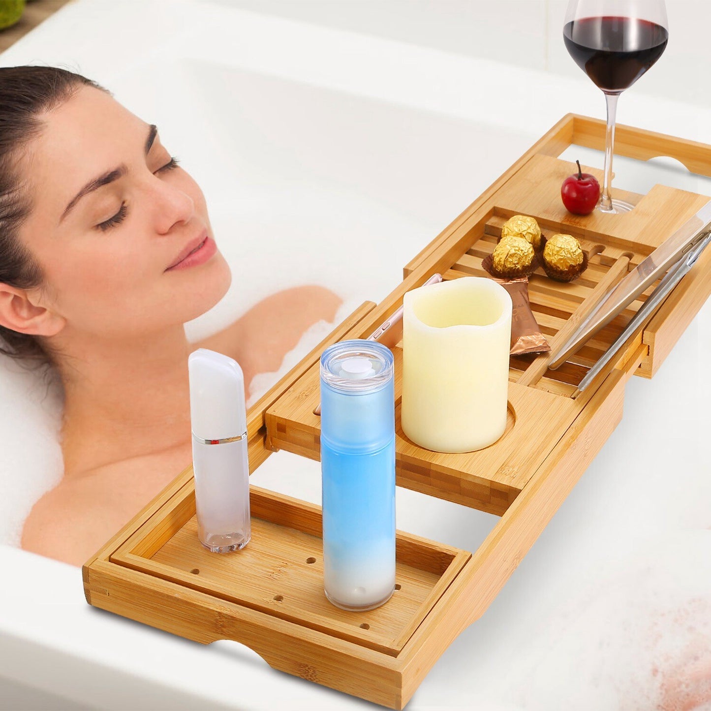 Bamboo Bath Tray Table Bathtub Caddy Tray over the Tub Shelf Bath Holder Desk